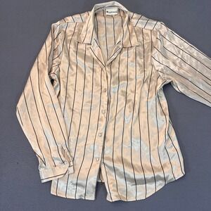Appleseed's Women's Sz 16 Long Sleeve Button Up Blouse Satin Pinstripe Beige